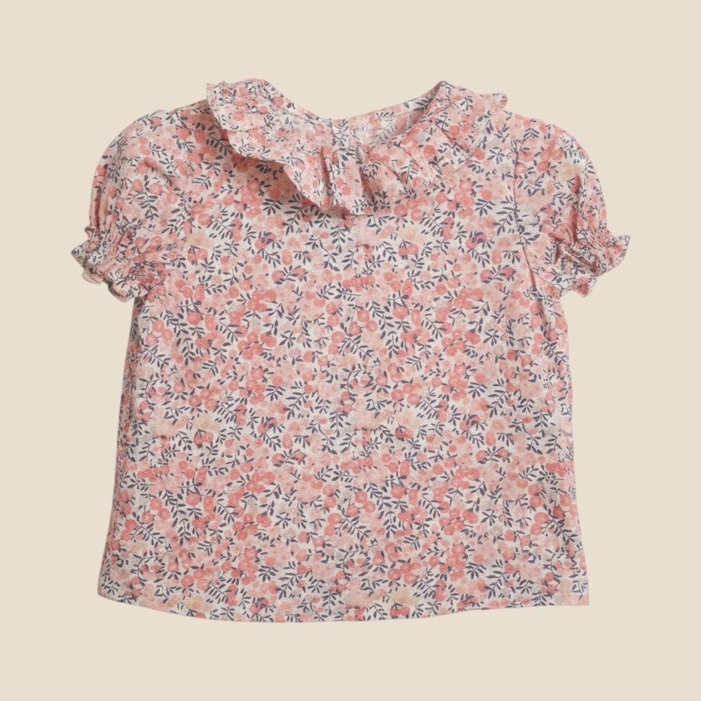 Amaia Kids Girls Floral Ruffle Collar Cotton Blouse Pink Orange Made in Spain 3y